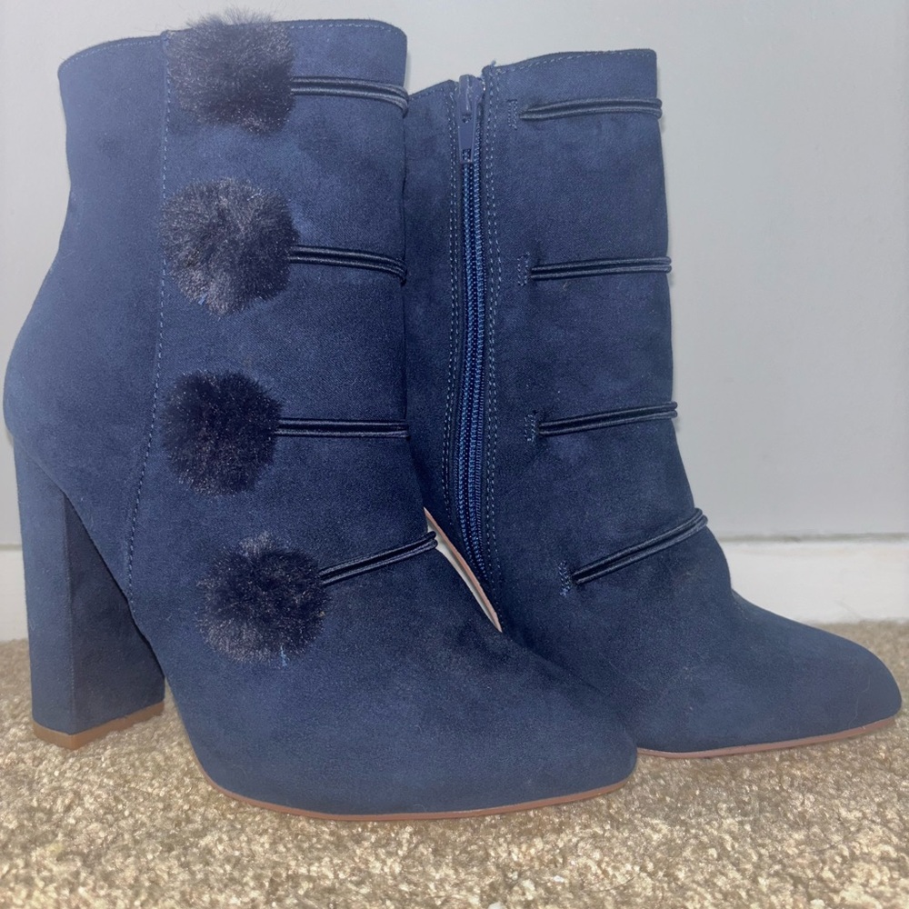 Navy Suede Ankle Boots with Pom Pom’s size 7.5